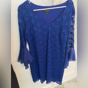 Beautiful vibrant blue dress with crocheted overlay with small blue sequins